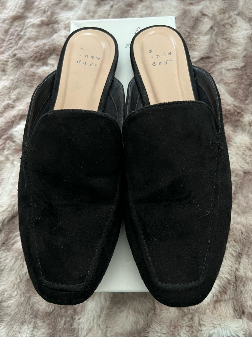 A New Day Women's Black Textile Slip On Square Toe Mule Flats US 8